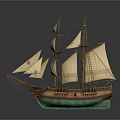Wooden Sailing Ship Model With Multiple Sails Mast And Green Brown Hull