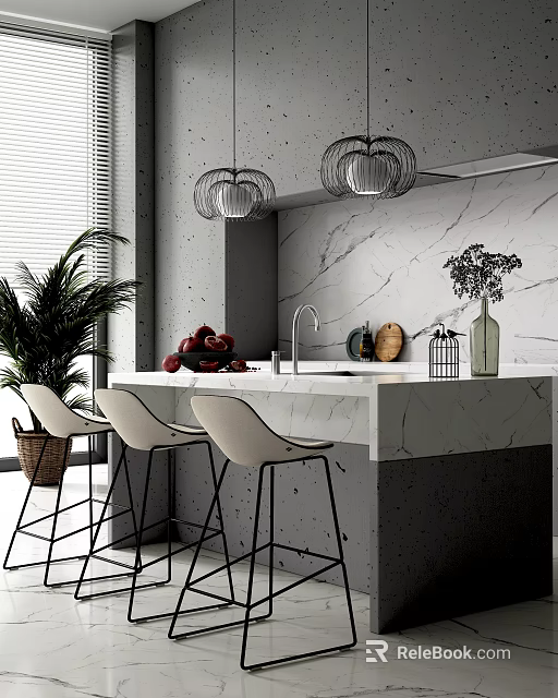 Modern Bar Counter with Marble Top White Bar Stools Pendant Lights and Green Plants 3d model 