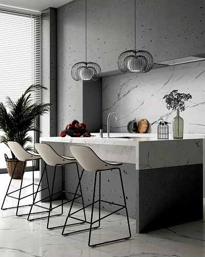Modern Bar Counter with Marble Top White Bar Stools Pendant Lights and Green Plants 3d model