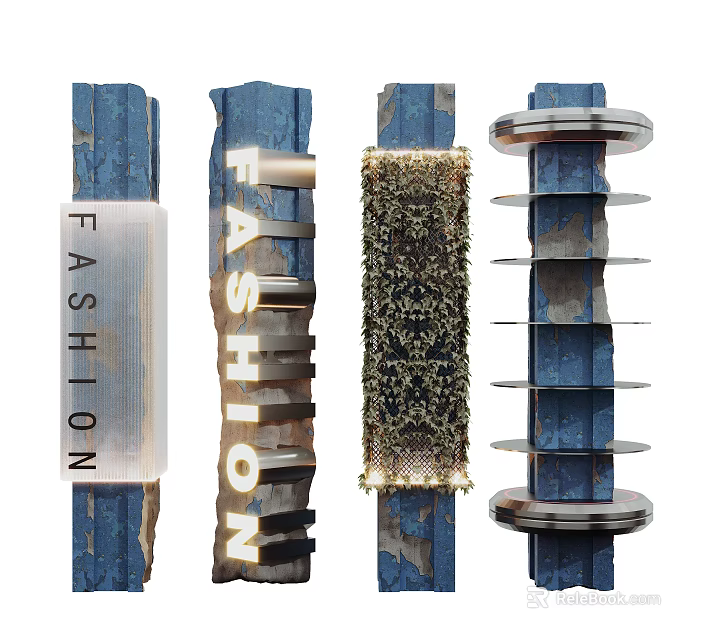 Blue Decorative Pillars Featuring Fashion Lettering Honeycomb Pattern And Metal Rings 3d model 