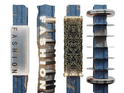 Blue Decorative Pillars Featuring Fashion Lettering Honeycomb Pattern And Metal Rings 3d model