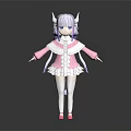 Cute Anime Style Game Movie Character with Purple White Hair Pink White Dress and Horns