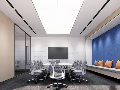 Modern Meeting Room Interior With Long Conference Table Office Chairs And Blue Wall 3d model