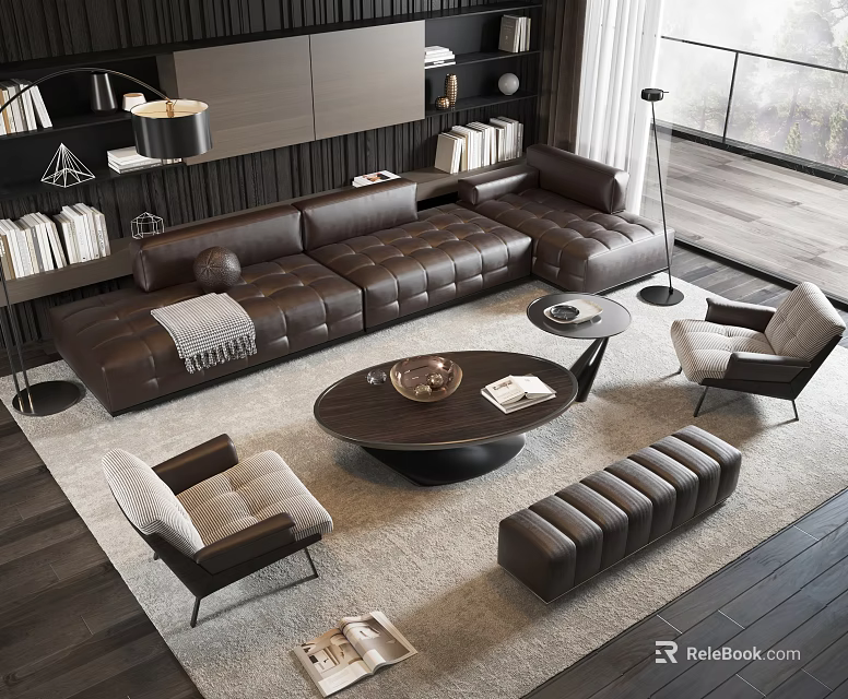 Modern Living Room Interior With Brown Leather Sofa And Round Wooden Coffee Table Set 3d model 