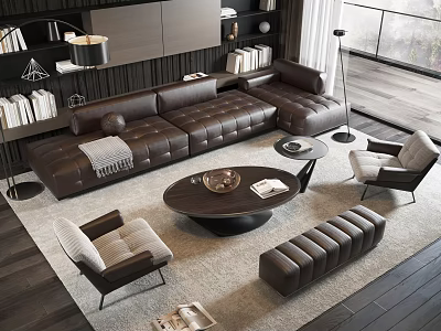 Modern Living Room Interior With Brown Leather Sofa And Round Wooden Coffee Table Set 3d model