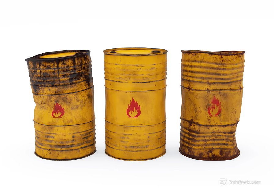 Yellow Rusted Weapon Oil Drums With Flame Symbols And Damaged Surfaces 3d model 