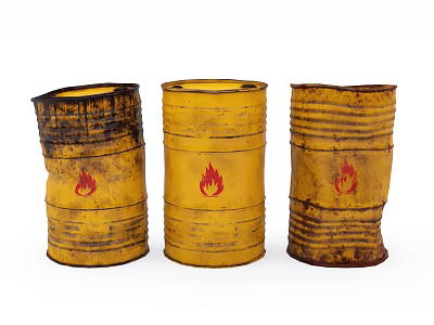 Yellow Rusted Weapon Oil Drums With Flame Symbols And Damaged Surfaces 3d model