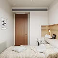 Modern Bedroom Interior With Wooden Headboard White Bedding Area Rug Bedside Lamp And Wall Art