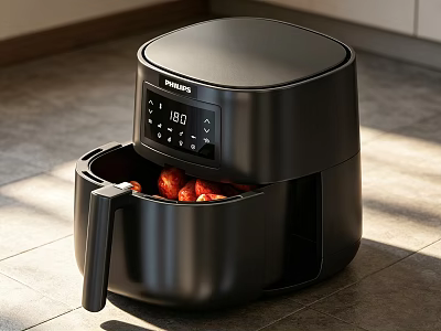 Philips Black Air Fryer Open With 180 Degrees Cooking Food In Kitchen 3d model
