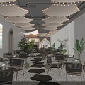 Cozy Café Interior Design With Arched Windows Decorative Lights Green Plants And Wooden Tables