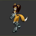 Anthropomorphic Fox Character With Brown Hair Blue Eyes Yellow Ears Tail And Silver Metallic Armor