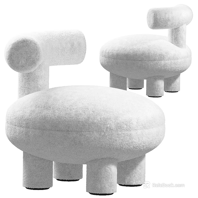 Modern White Plush Stools With Rounded Seats And Cylindrical Legs Design 3d model 