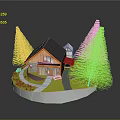 Miniature Wooden House Model With Black Roof Pine Trees And Green Lawn Pathway