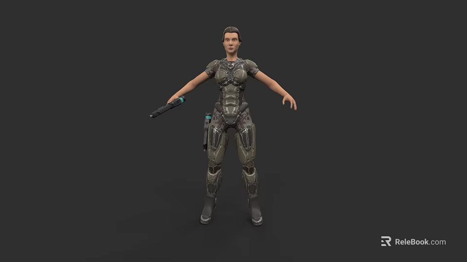 Futuristic Female Character In Tech Armor Holding Gun Standing On Dark Background 3d model 
