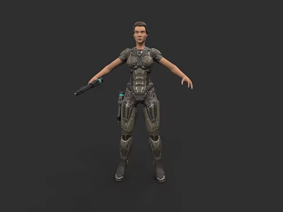 Futuristic Female Character In Tech Armor Holding Gun Standing On Dark Background 3d model