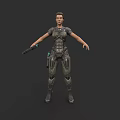 Futuristic Female Character In Tech Armor Holding Gun Standing On Dark Background