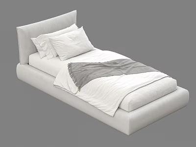 Modern Minimalist Single Bed With Upholstered Headboard White Frame And Gray Throw Blanket 3d model