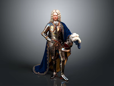 Historical Man in Silver Armor With Curly Hair Wearing Blue Cape Holding Helmet 3d model
