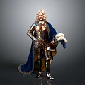 Historical Man in Silver Armor With Curly Hair Wearing Blue Cape Holding Helmet