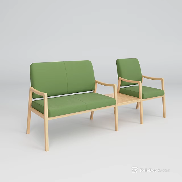 Green Upholstered Sofa Chair Set With Light Wooden Frame Connected Coffee Table 3d model