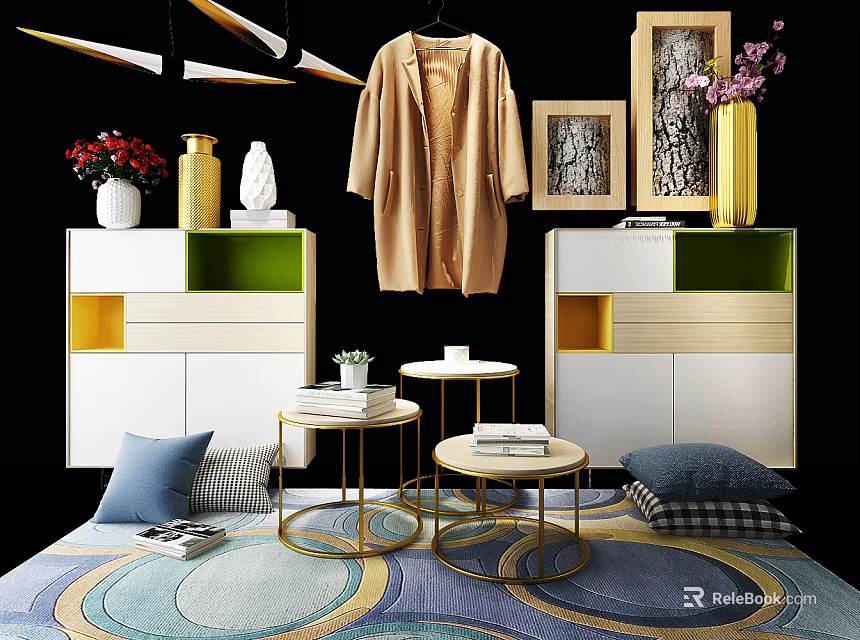 Modern Decorative Cabinet Scene With Hanging Coat Vase Flowers Framed Artworks Small Tables And Colorful Rug 3d model 