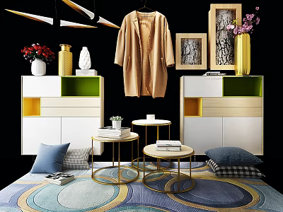 Modern Decorative Cabinet Scene With Hanging Coat Vase Flowers Framed Artworks Small Tables And Colorful Rug 3d model