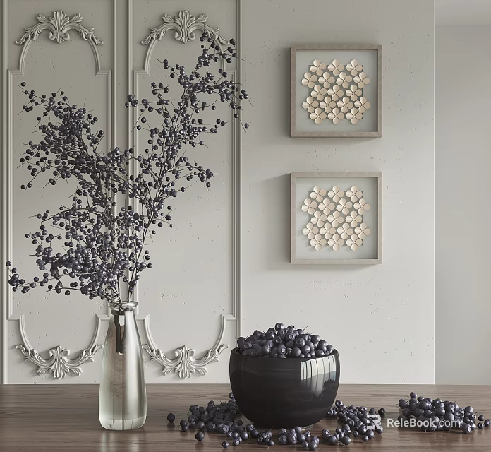 Fresh Blueberries in Black Bowl with Branch in Glass Vase and Framed Wall Art 3d model 