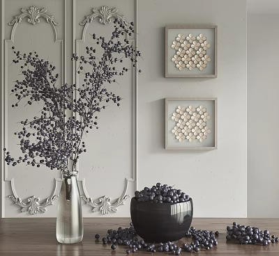 Fresh Blueberries in Black Bowl with Branch in Glass Vase and Framed Wall Art 3d model Fresh Blueberries in Black Bowl with Branch in Glass Vase and Framed Wall Art 3d model