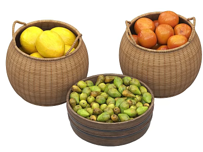 Fresh Lemons Oranges And Green Olives In Wicker Baskets And Wooden Bowl 3d model