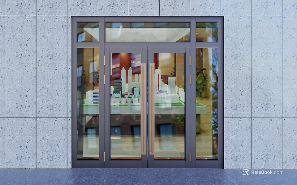 Modern Glass Double Doors With Metal Frame And Stone Wall Facade Entrance 3d model 