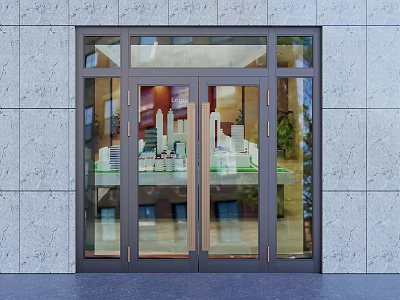 Modern Glass Double Doors With Metal Frame And Stone Wall Facade Entrance 3d model