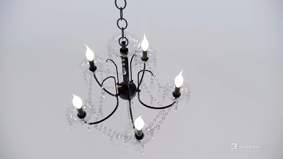 Black Metal Chandelier With Crystal Beads And Lit Bulbs For Interior Decoration 3d model 