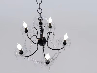 Black Metal Chandelier With Crystal Beads And Lit Bulbs For Interior Decoration 3d model