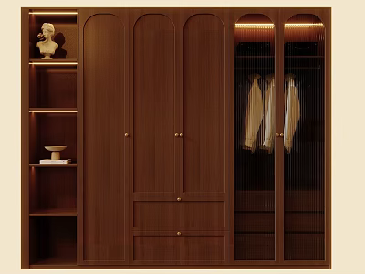 Wooden Wardrobe with Arched Doors Open Shelves Decorative Items and Glass Panels for Hanging Clothes 3d model