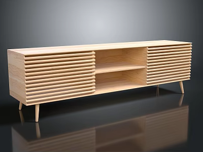 Modern Wooden TV Stand With Vertical Slatted Doors Open Shelf And Slim Legs 3d model