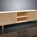Modern Wooden TV Stand With Vertical Slatted Doors Open Shelf And Slim Legs