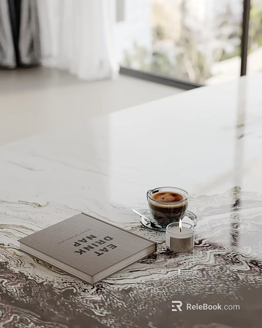 Modern Decorative Ornament Set With Coffee Cup Book And Candle On Marble Tabletop 3d model 