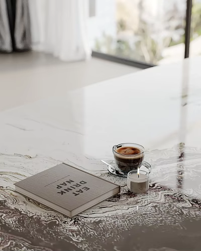 Modern Decorative Ornament Set With Coffee Cup Book And Candle On Marble Tabletop 3d model