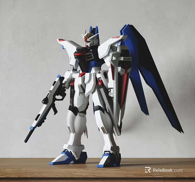 Gundam Model With Blue Wings White Red Color Holding Gun On Wooden Surface 3d model 