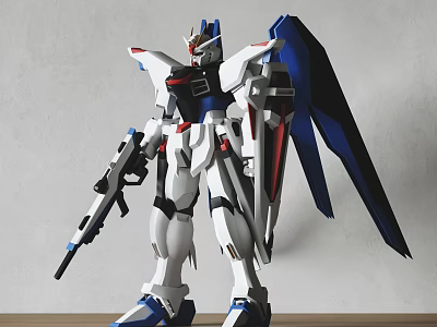 Gundam Model With Blue Wings White Red Color Holding Gun On Wooden Surface 3d model