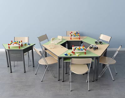 Children's Desks With Green And Beige Surfaces Building Blocks And Toy Cars 3d model