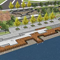 Waterfront Landscape Design With Walkway Green Trees Seats And Viewing Platforms