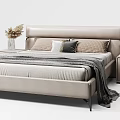 Modern Double Bed with Beige Upholstered Headboard Decorative Pillows Throw Blanket Nightstands and Lamps