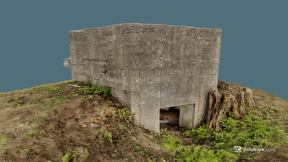 Rustic Old Weathered Concrete Bunker With Grass Dirt And Wild Vegetation 3d model 