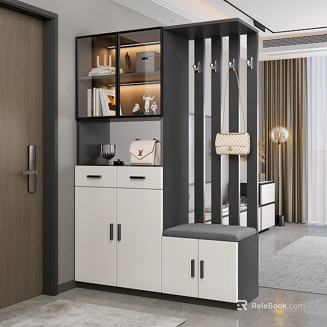Modern Entryway Shoe Cabinet With Open Shelves Storage Hooks And Cushioned Bench 3d model 