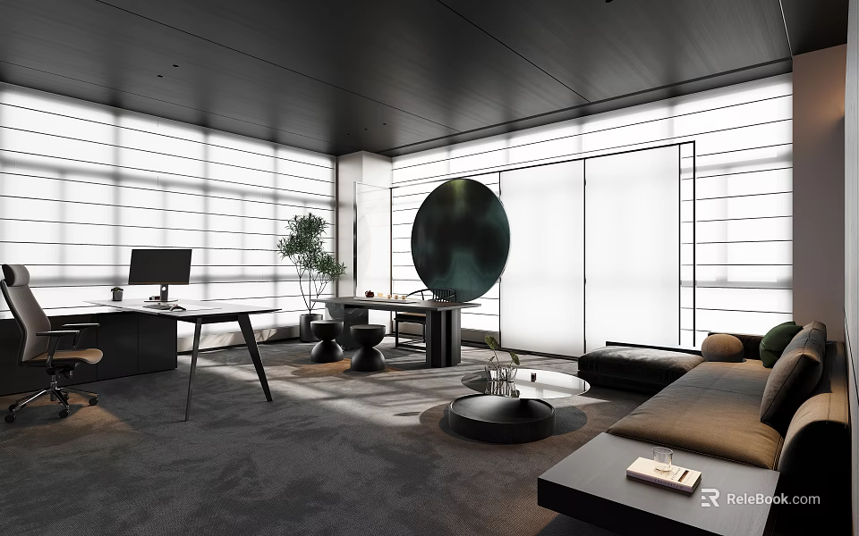 Modern Office Interior With Black Ceiling Striped Windows Work Desk Green Plant Circular Decor Sofa 3d model 