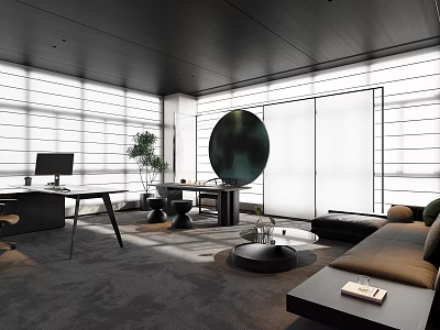 Modern Office Interior With Black Ceiling Striped Windows Work Desk Green Plant Circular Decor Sofa 3d model