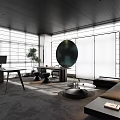 Modern Office Interior With Black Ceiling Striped Windows Work Desk Green Plant Circular Decor Sofa