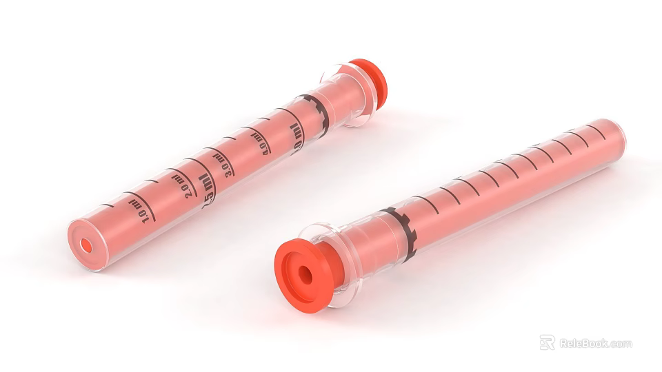 Two Pink Syringes With Graduated Scale Transparent Barrels And Red Caps 3d model 