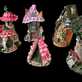 Colorful Decorative Fairy House Figurines With Mushroom Roofs And Flower Accents